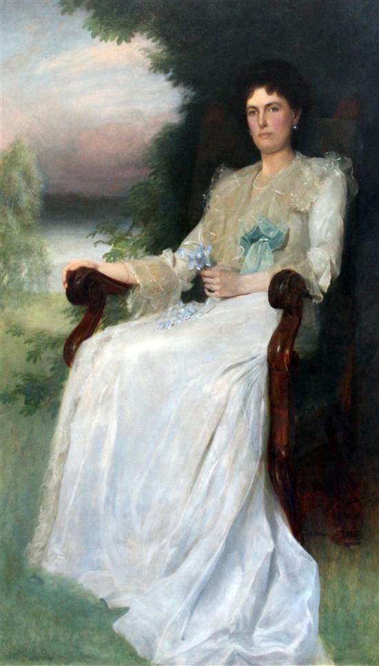 English School c.1900 Portrait of a lady seated in an armchair, a lake beyond, 65 x 41in.